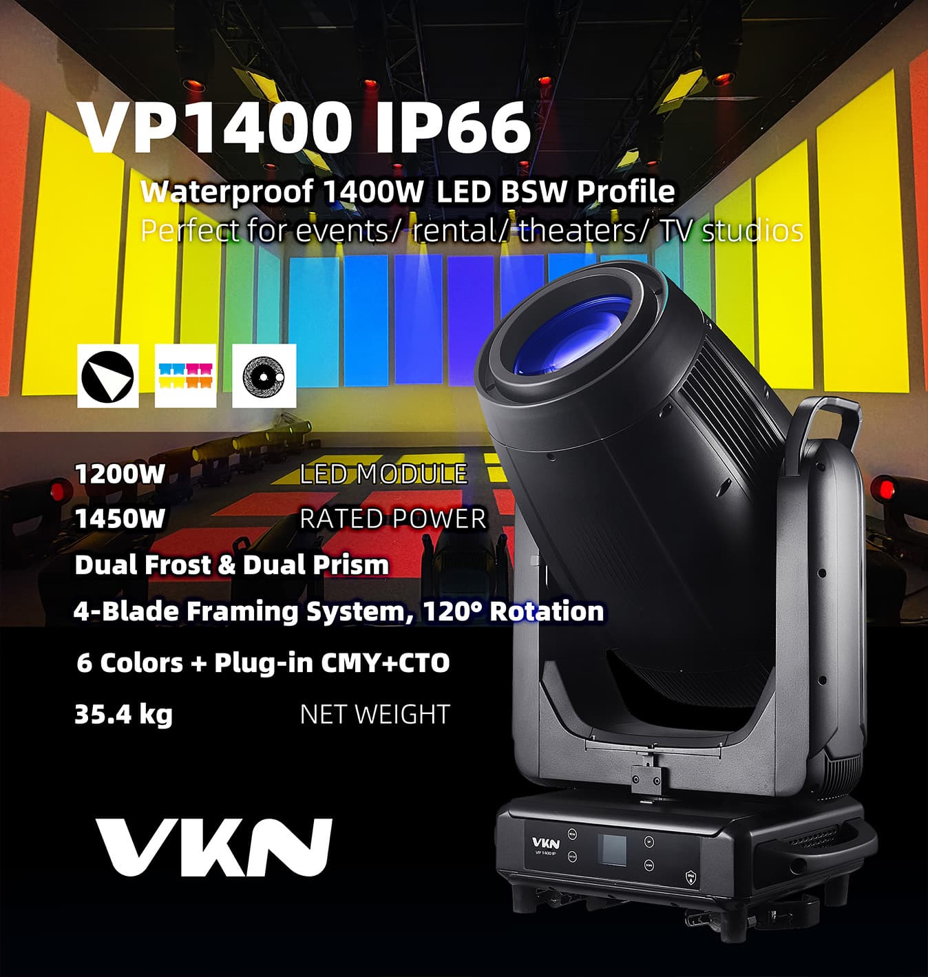 VP1400 IP66 | IP66 고출력 4-in-1 LED 프로파일 무빙 헤드